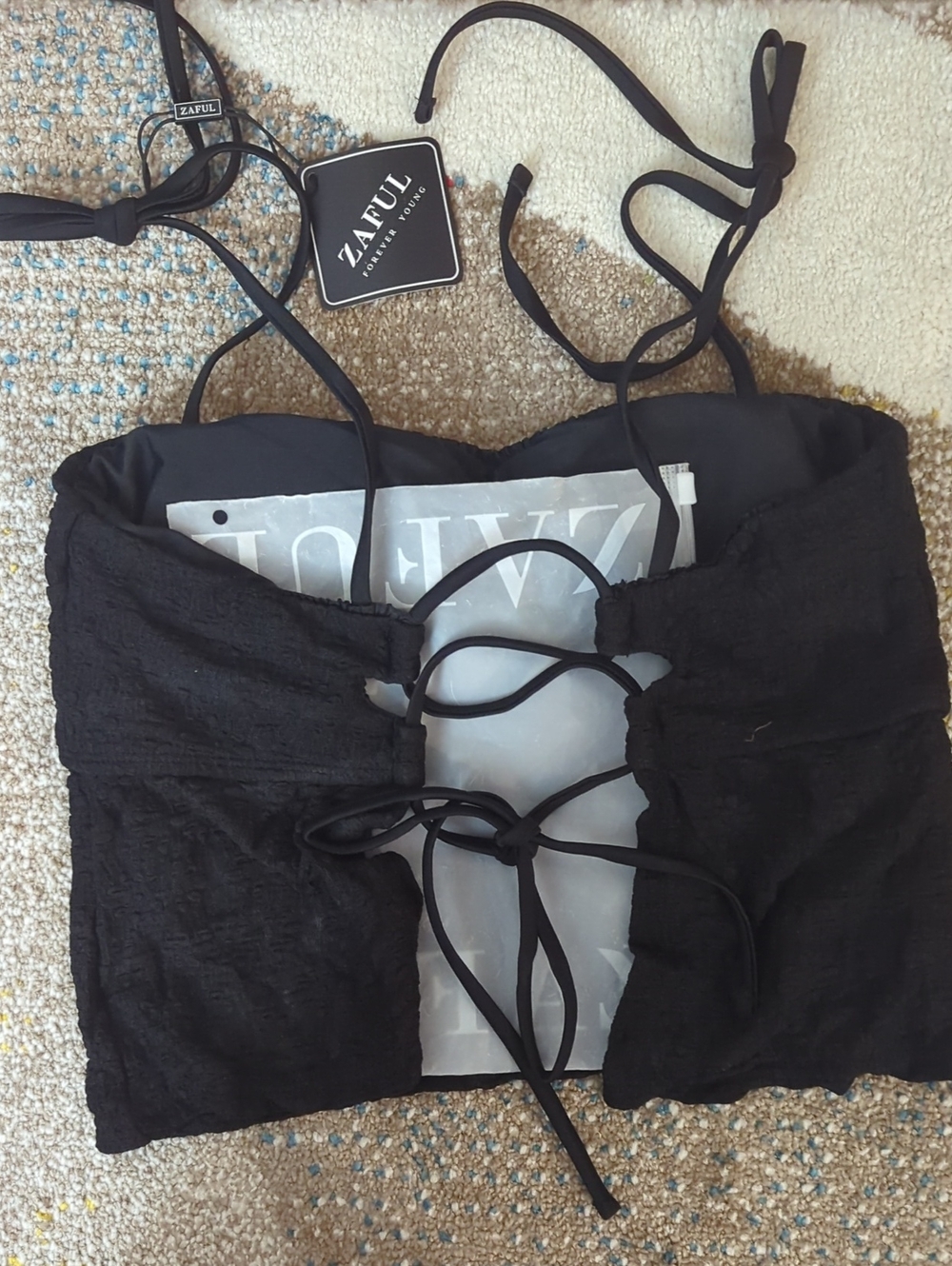 Zaful Black Crop Tankini Top and Tie-Side Bikini Bottoms Size M - Picture 3 of 5